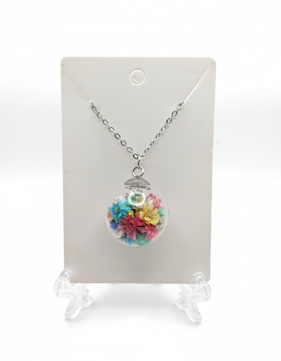 Floral Globe Pendant Necklace On Stainless Steel Chain