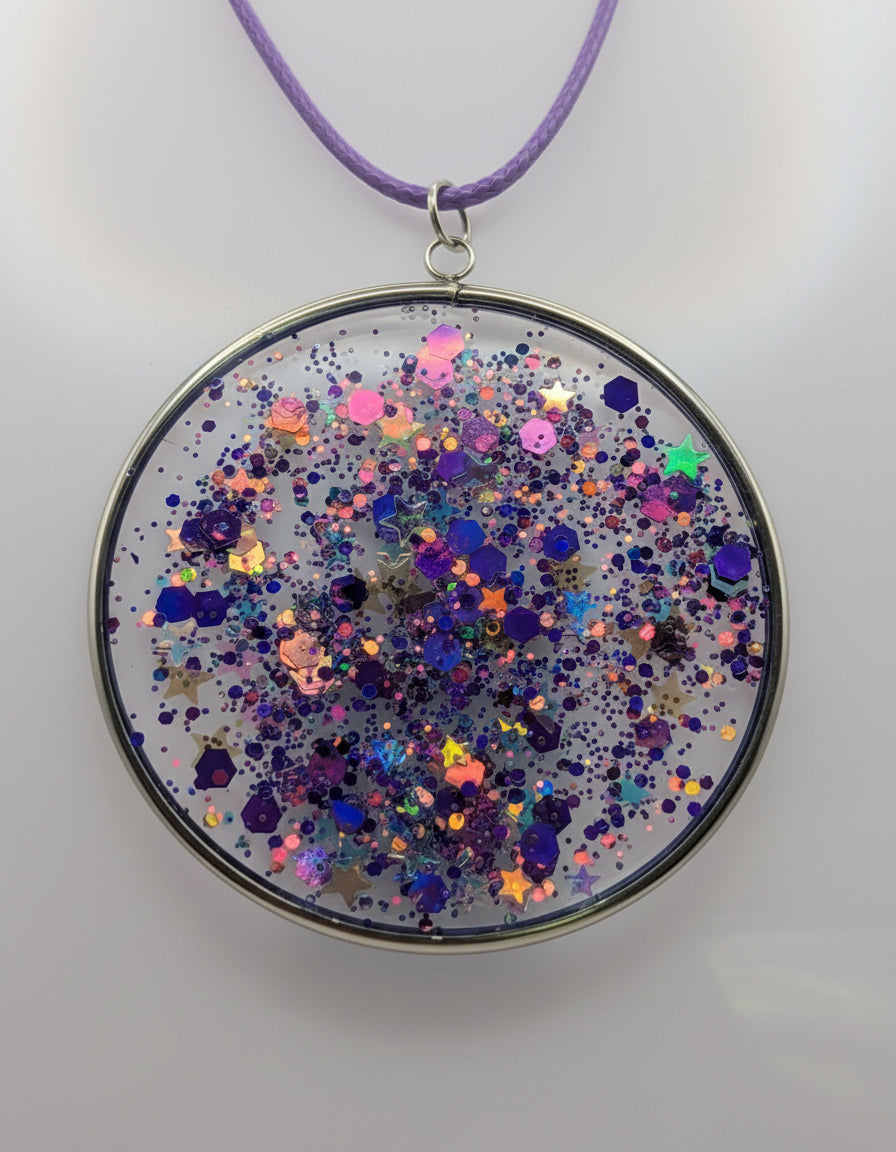 Multidimensional Purple Glitter Resin Pendant on Purple Nylon Cord