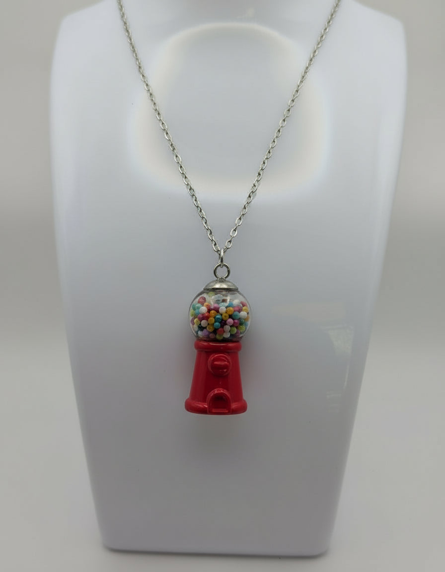 Retro Red Gumball Machine Necklace on Stainless Steel Chain
