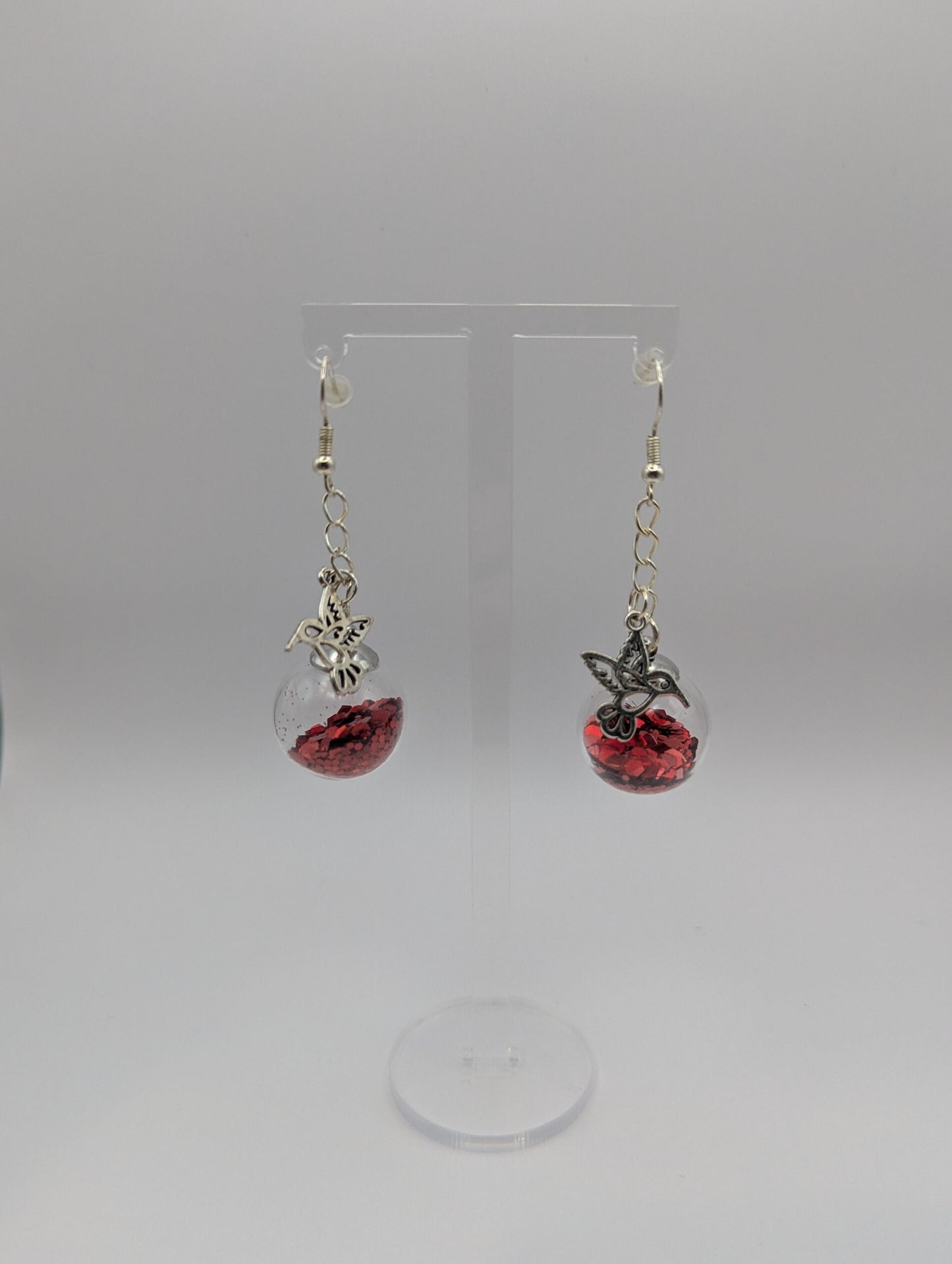 Hummingbird and Red Feeder Glitter Globe Earrings