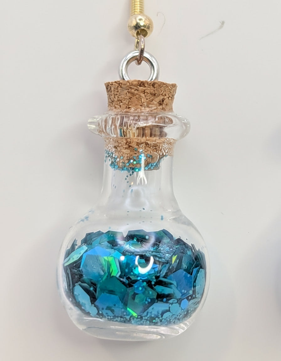 Teal Glitter Vial Earrings on Sterling Hooks