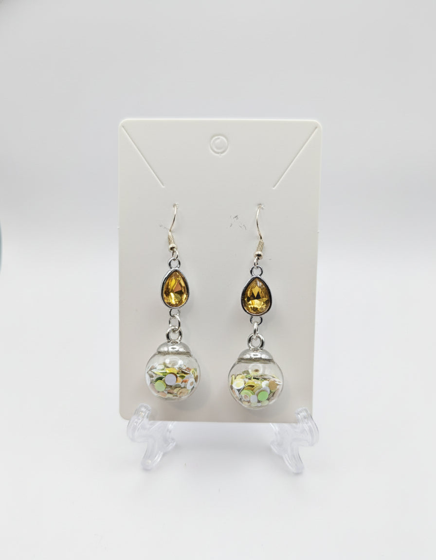 Golden Rhinestone & Yellow Dimensional Glitter Earrings
