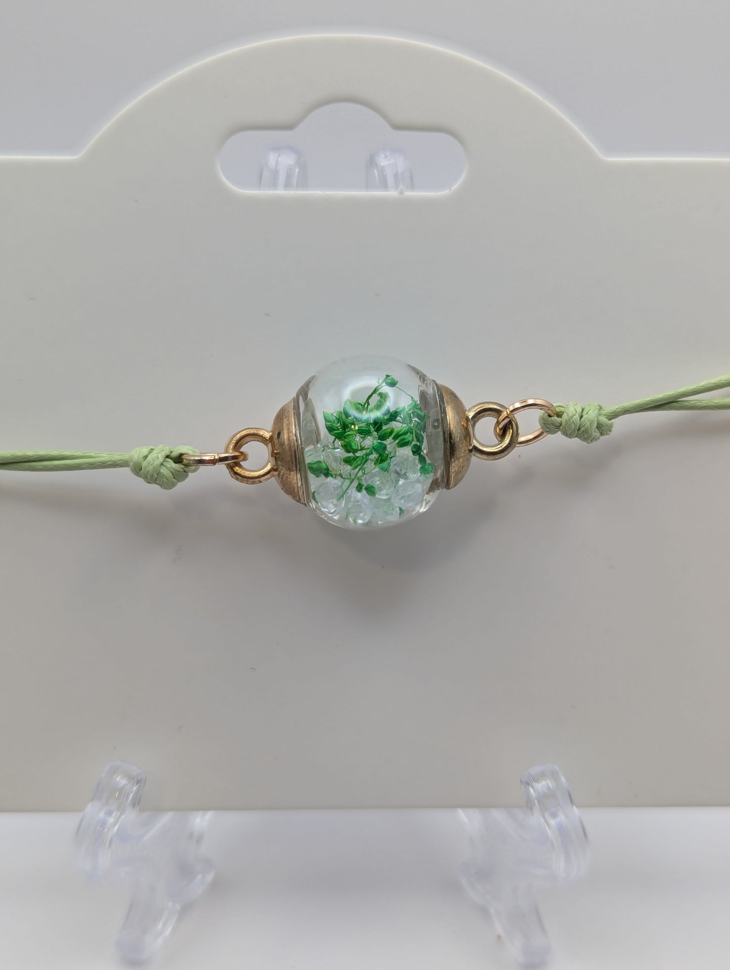 Light Green Flower & Rhinestone Globe Bracelet on Adjustable Cord