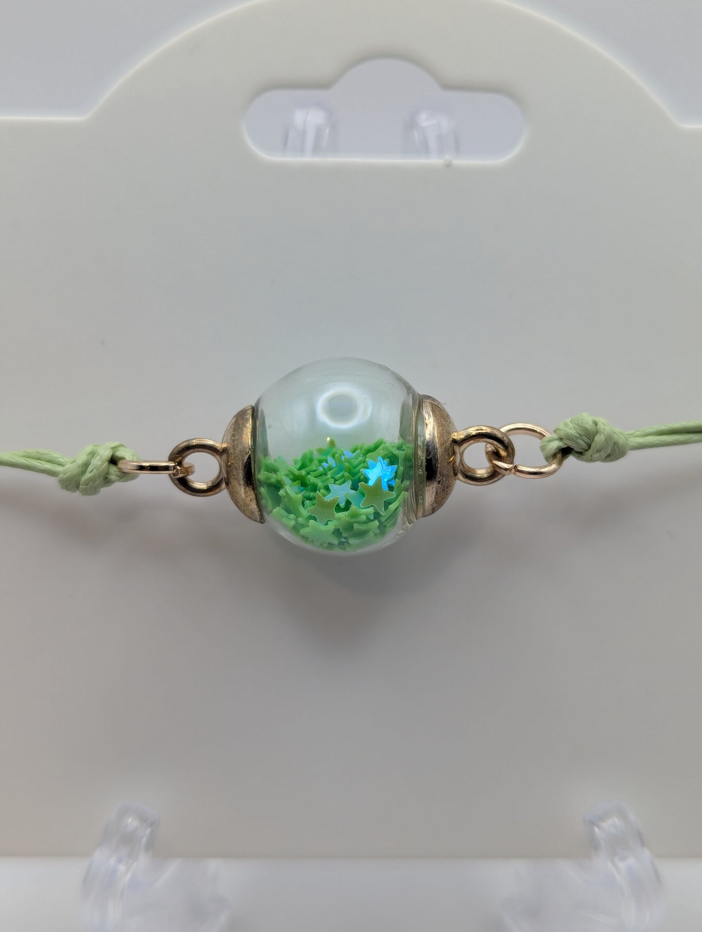 Neon Lime Star Glitter Globe Bracelet on Adjustable Green Cord