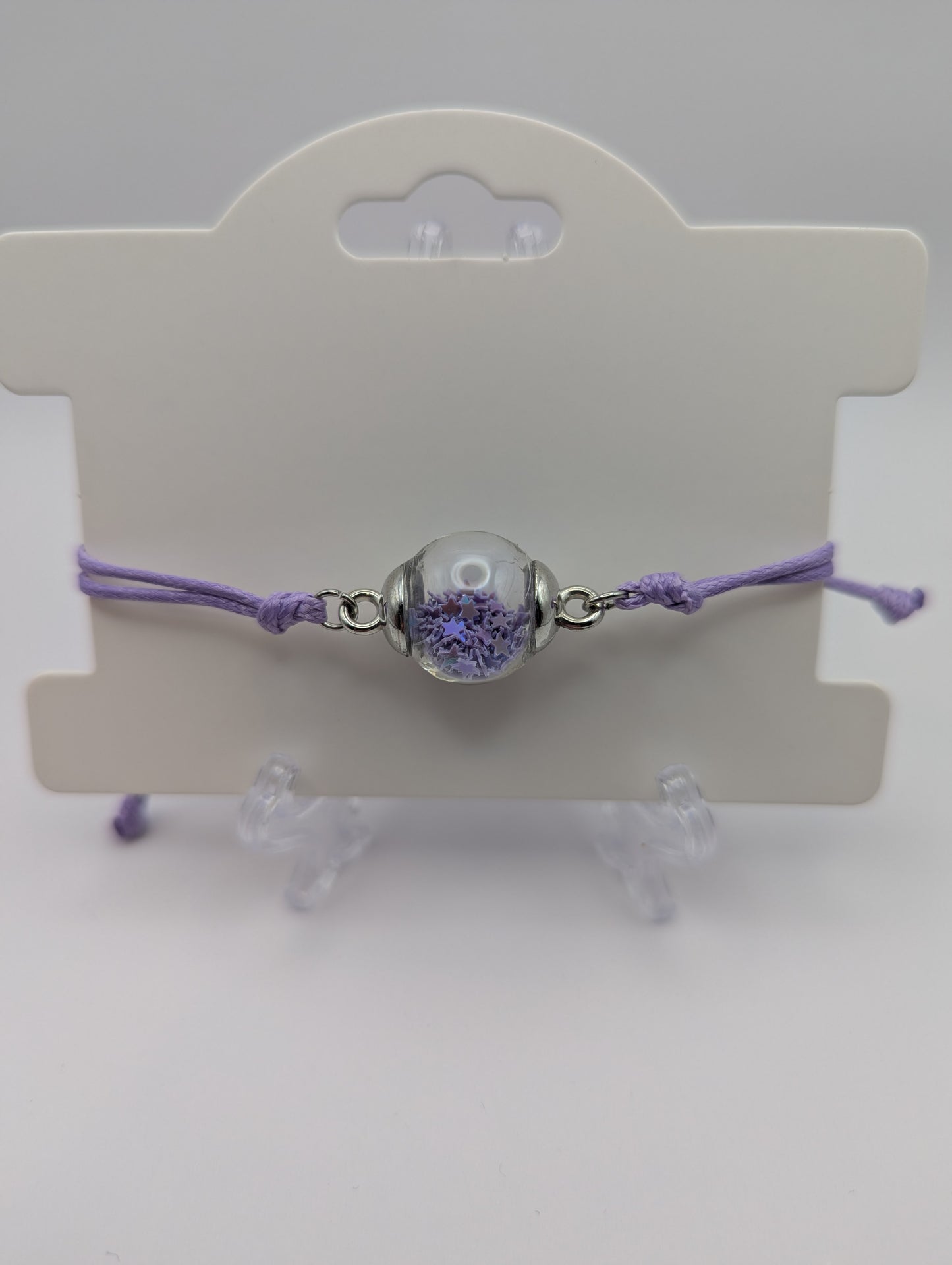Lavender Glitter Globe Bracelet on Adjustable Nylon Cord