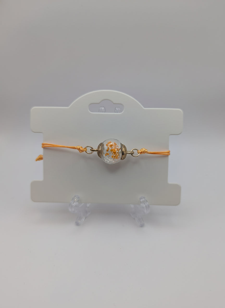 Orange Flower & Rhinestone Globe Bracelet on Adjustable Cord