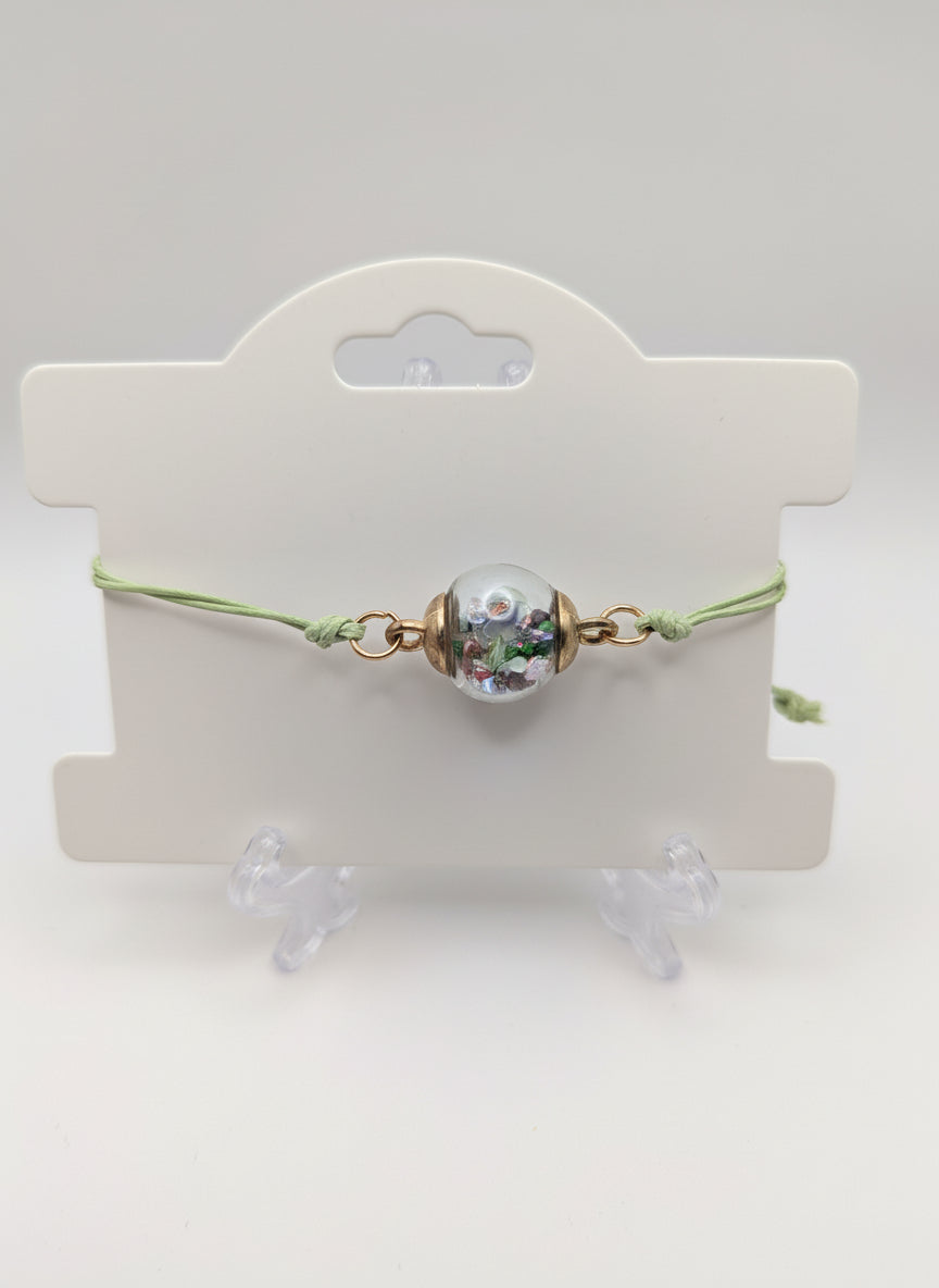 Multicolor Stone Flecks Globe Bracelet on Adjustable Sage Nylon Cord
