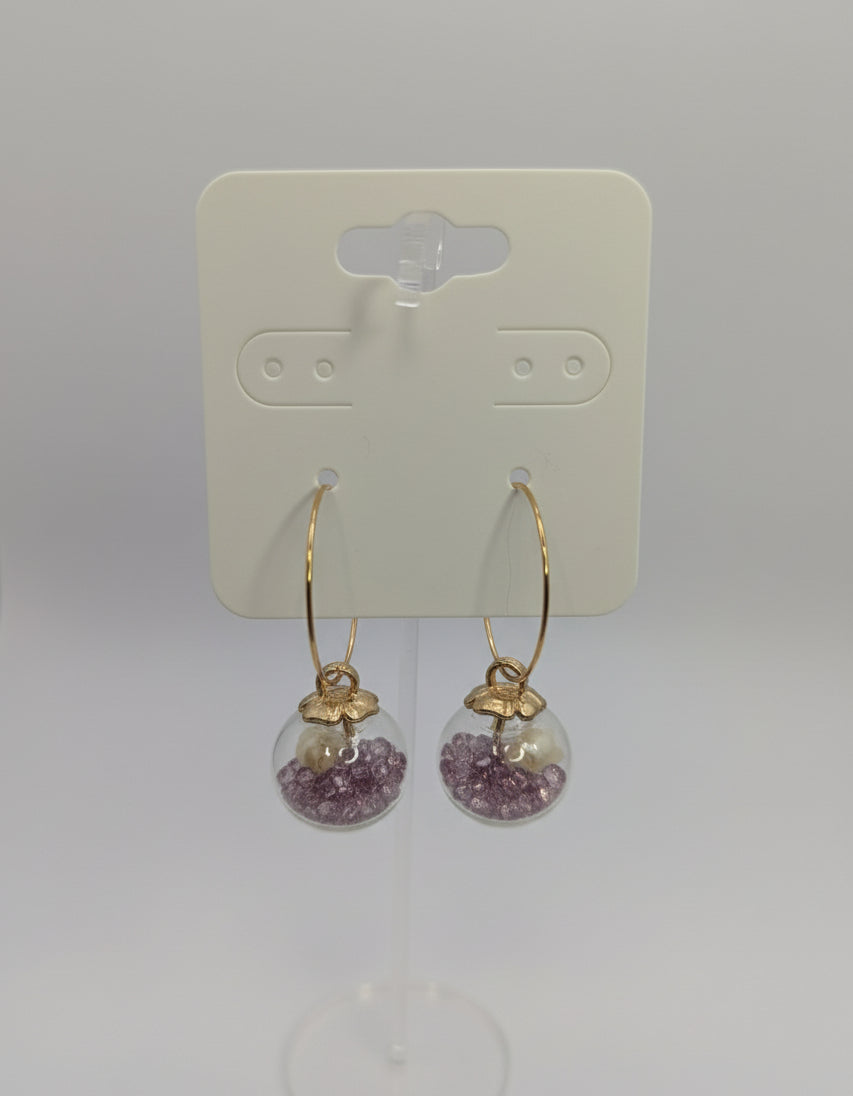 Purple Rhinestones with Tiny White Flowers in Glass Globes on Large Gold Hoops