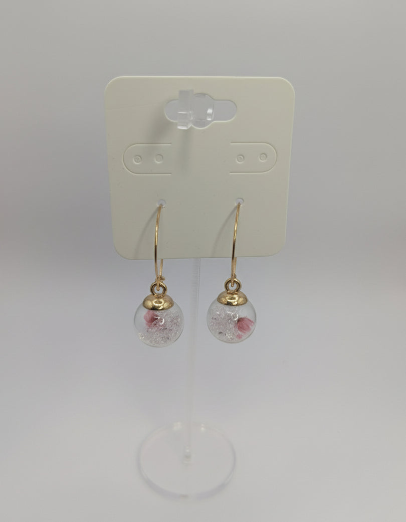 Clear Rhinestones with Tiny Pink Flowers in Glass Globes on Large Gold Hoops