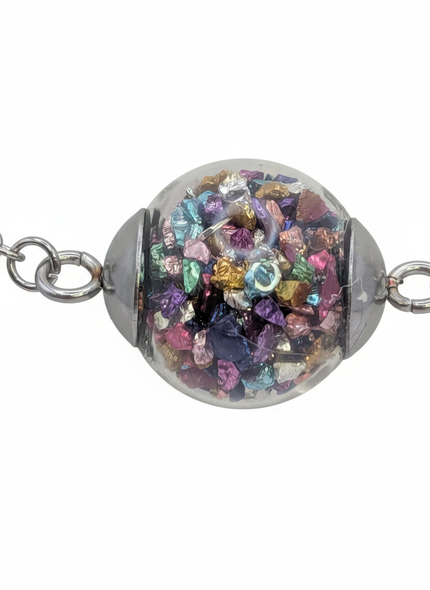 Multicolor Jewel-Tone Stone Flecks In Globe on Silver Chain Bracelet