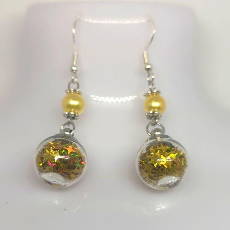 Gold Pearl & Glitter Globe Earrings
