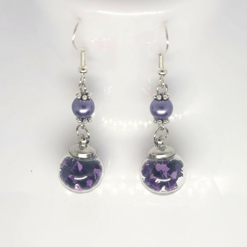 Purple Pearl & Glitter Globe Earrings