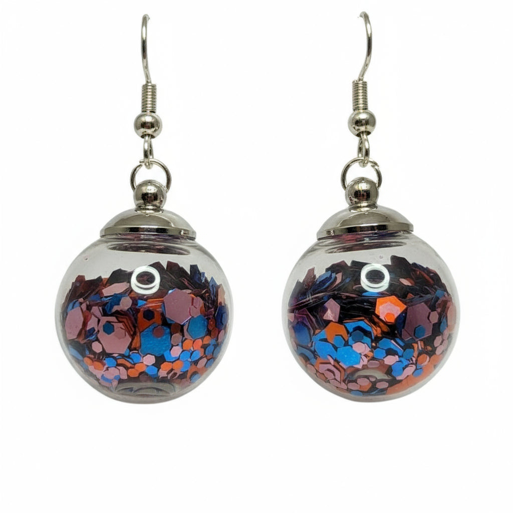 Two-Tone Blue & Copper Glitter Globe Earrings
