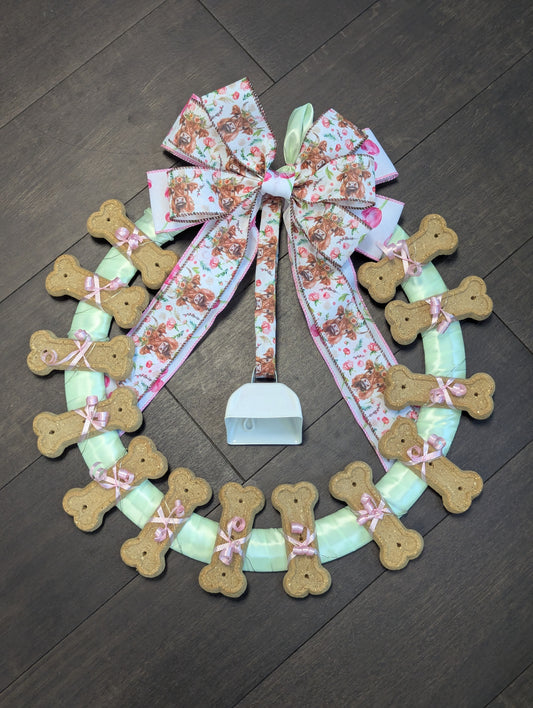 Mint and Pink Highland Cow Dog Cookie Wreath