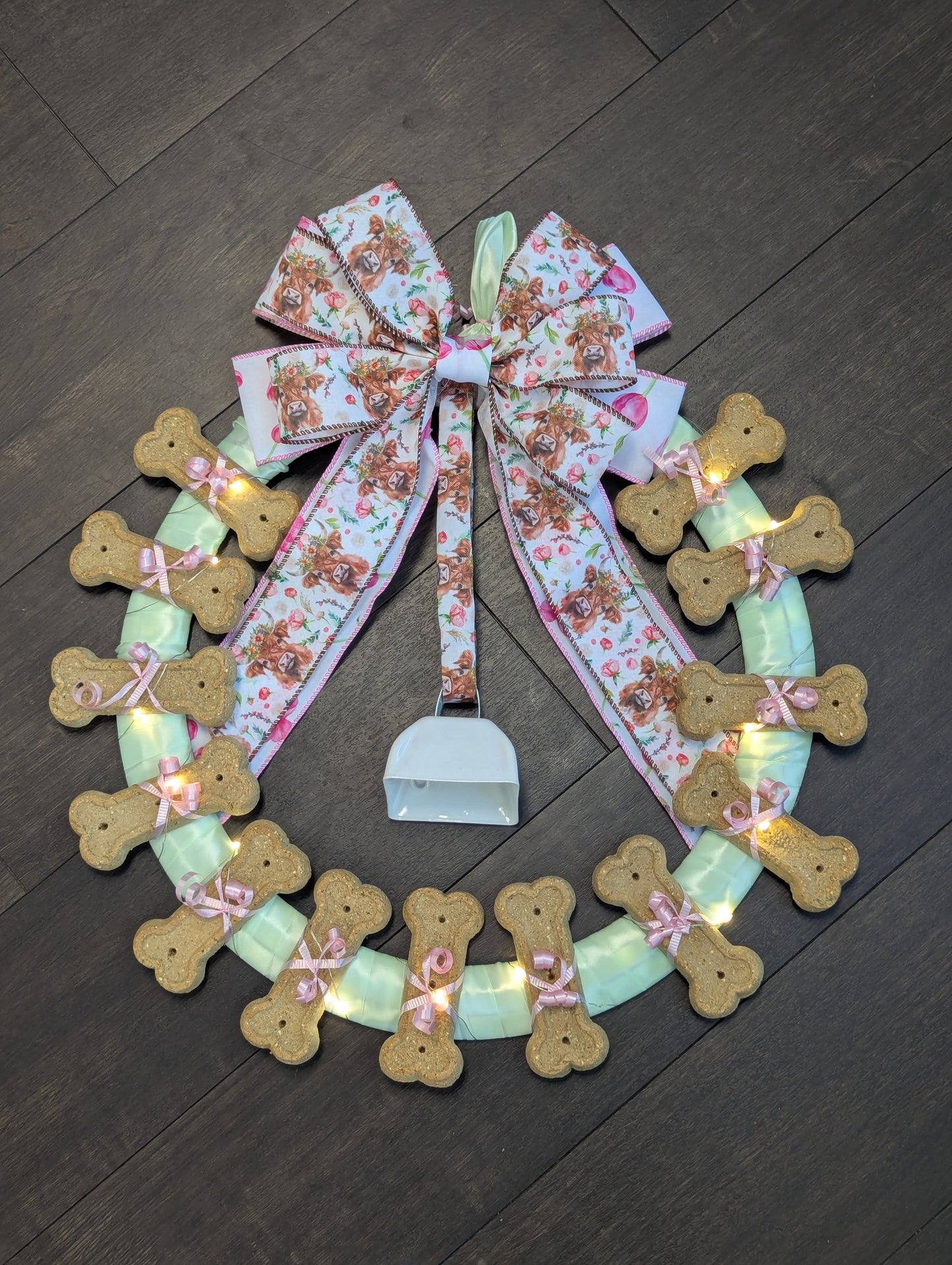 Mint and Pink Highland Cow Dog Cookie Wreath
