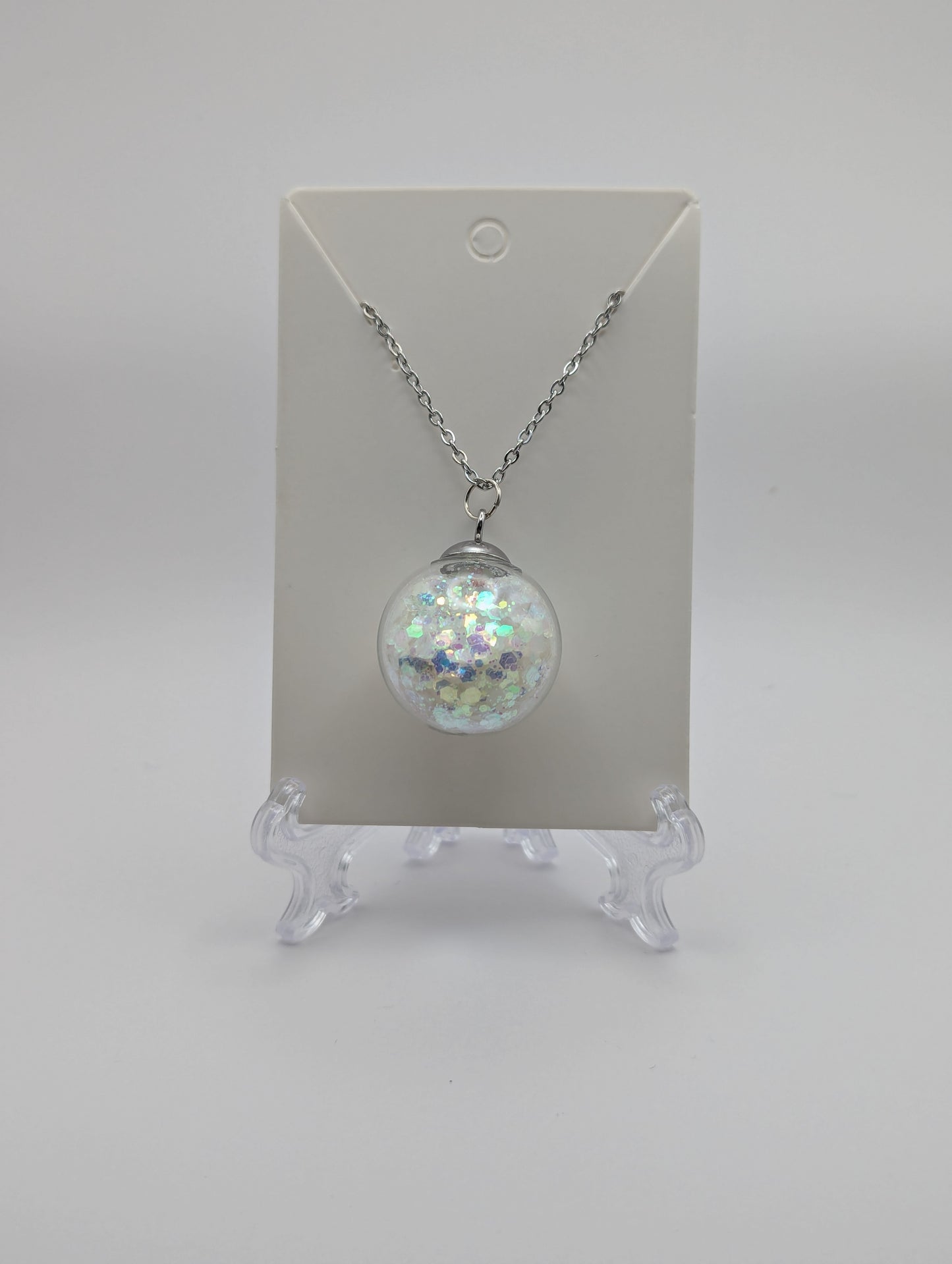 Glow In The Dark 30mm White Glitter Globe Necklace on Stainless Steel Chain