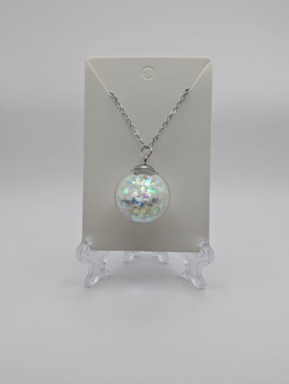 Glow In The Dark 30mm White Glitter Globe Necklace on Stainless Steel Chain