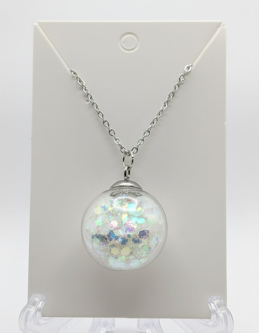 Glow In The Dark 30mm White Glitter Globe Necklace on Stainless Steel Chain