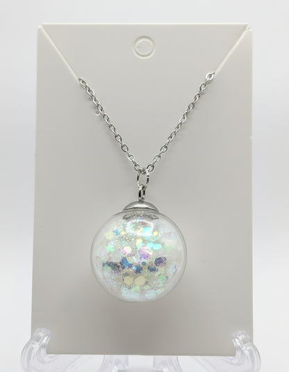 Glow In The Dark 30mm White Glitter Globe Necklace on Stainless Steel Chain