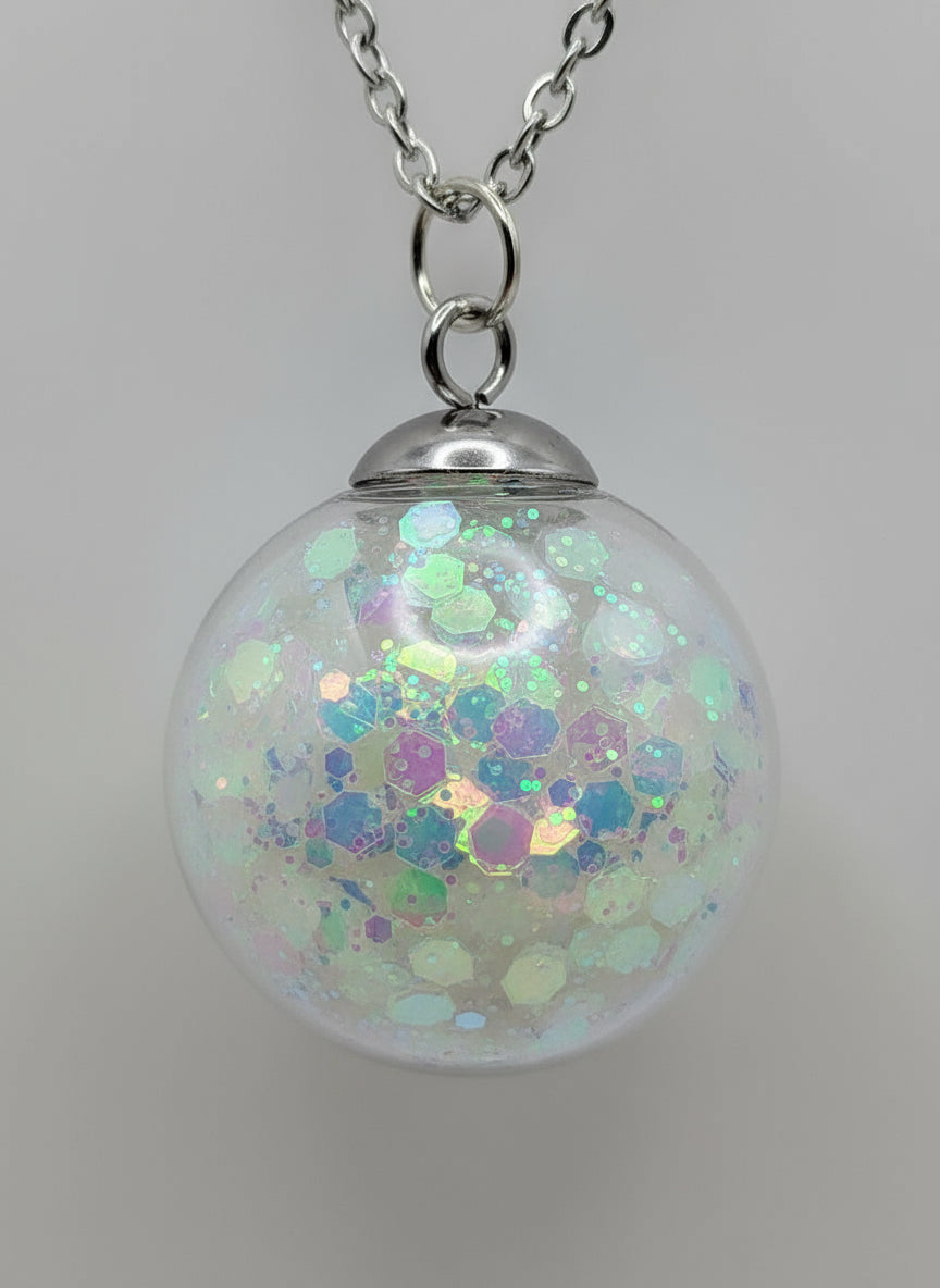 Glow In The Dark 30mm White Glitter Globe Necklace on Stainless Steel Chain
