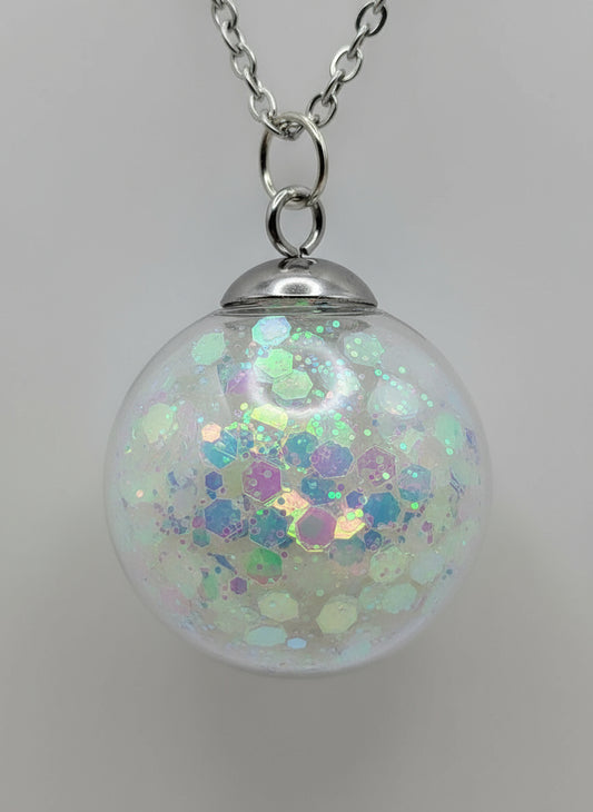 Glow In The Dark 30mm White Glitter Globe Necklace on Stainless Steel Chain