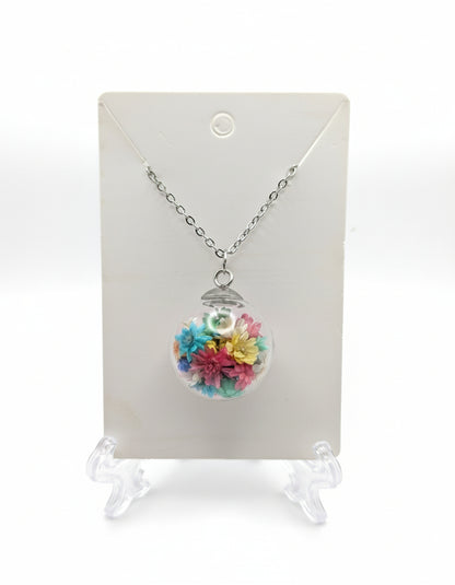 Floral Globe Pendant Necklace On Stainless Steel Chain