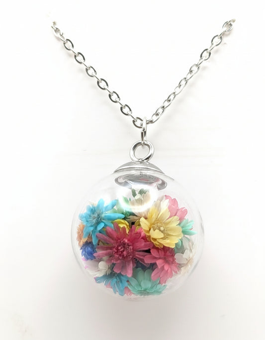 Floral Globe Pendant Necklace On Stainless Steel Chain