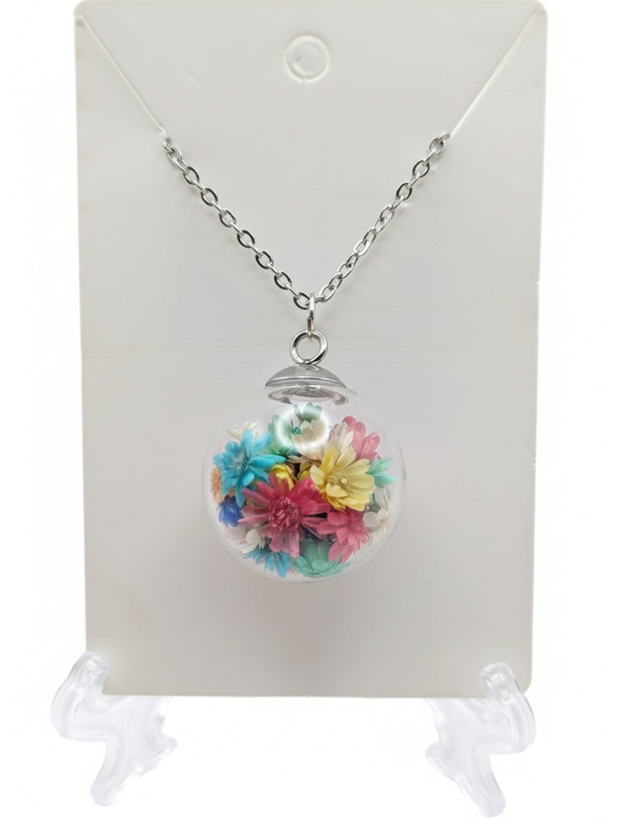 Floral Globe Pendant Necklace On Stainless Steel Chain