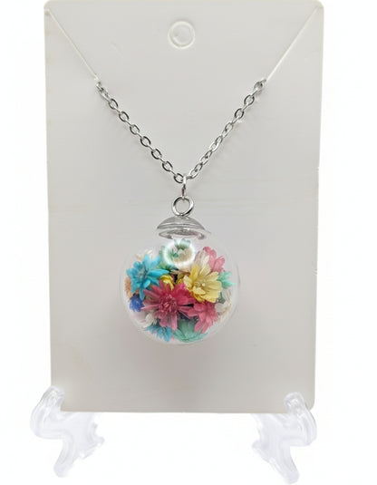 Floral Globe Pendant Necklace On Stainless Steel Chain