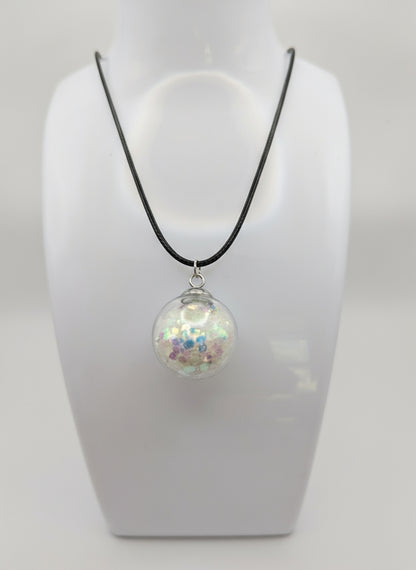 Glow In The Dark 30mm White Glitter Globe Necklace on Black Cord