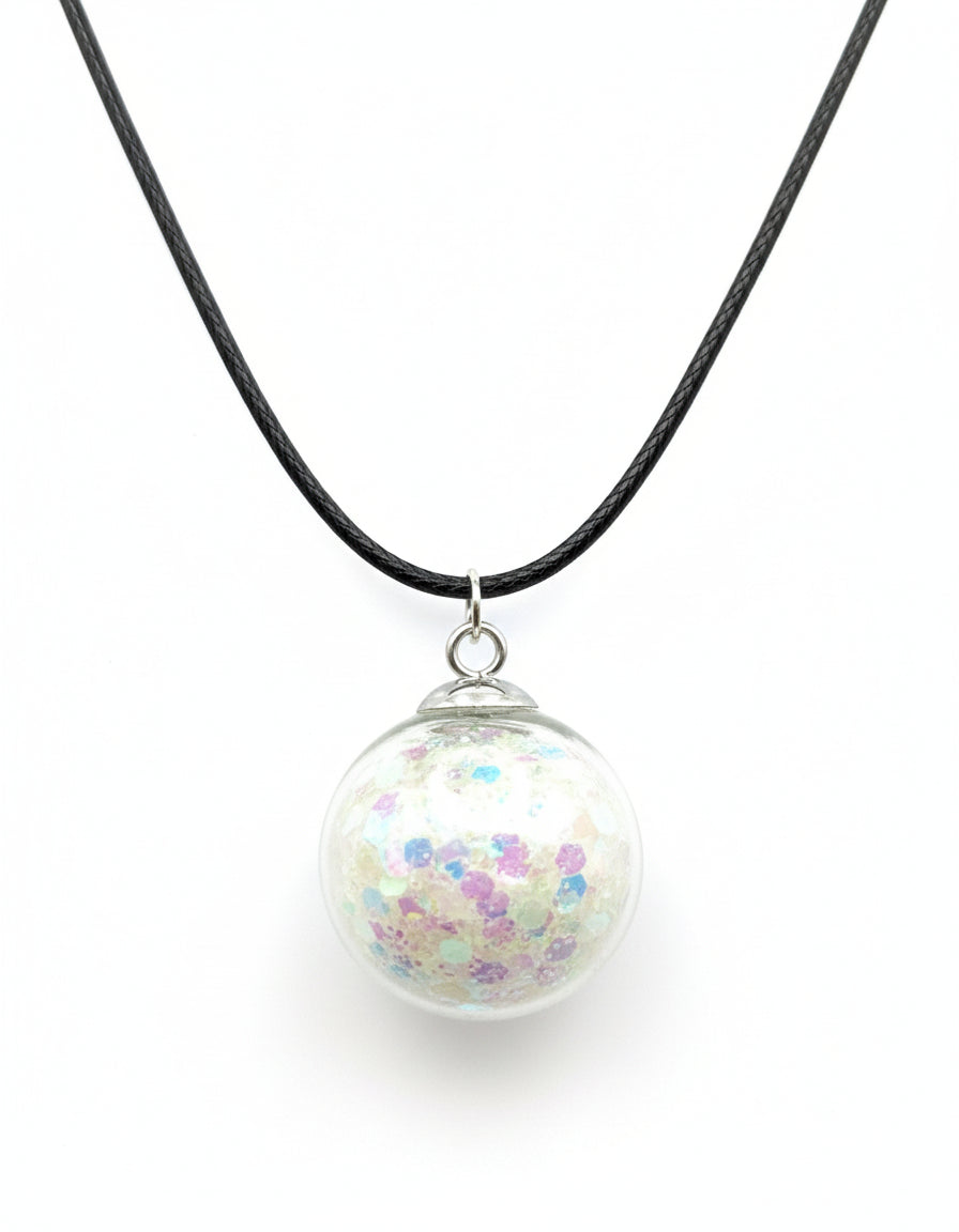 Glow In The Dark 30mm White Glitter Globe Necklace on Black Cord