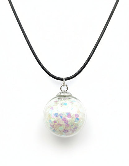 Glow In The Dark 30mm White Glitter Globe Necklace on Black Cord