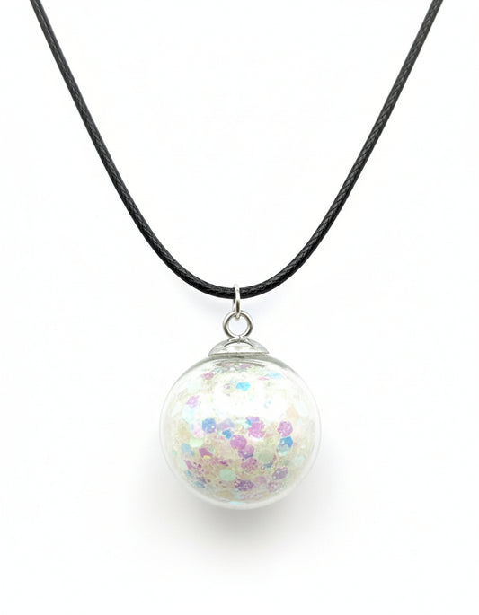 Glow In The Dark 30mm White Glitter Globe Necklace on Black Cord