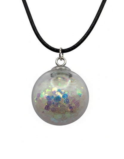 Glow In The Dark 30mm White Glitter Globe Necklace on Black Cord