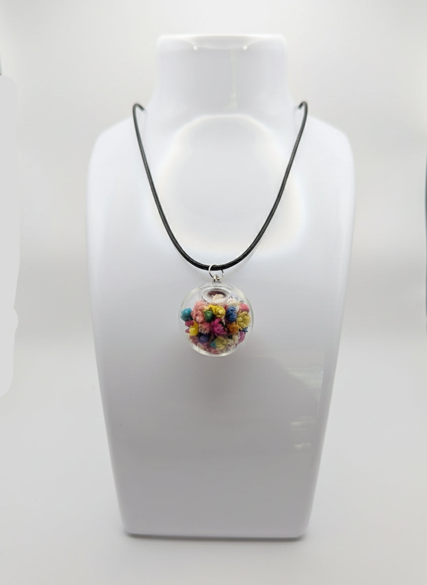 Floral Globe Pendant Necklace On Black Cord