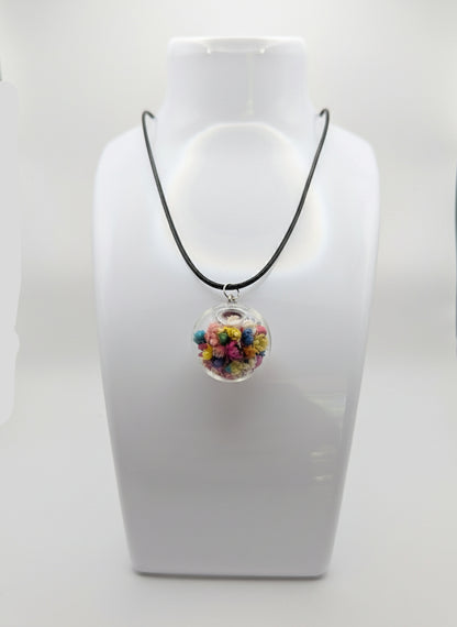 Floral Globe Pendant Necklace On Black Cord