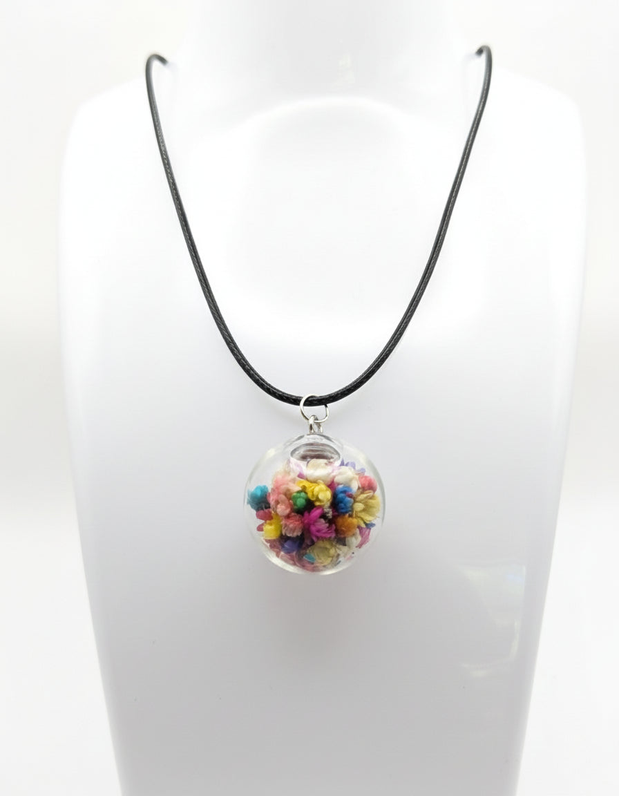 Floral Globe Pendant Necklace On Black Cord