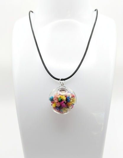 Floral Globe Pendant Necklace On Black Cord
