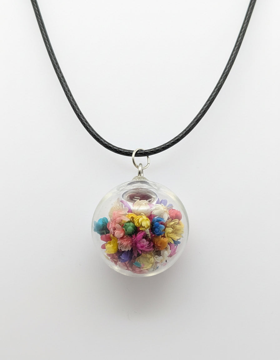Floral Globe Pendant Necklace On Black Cord