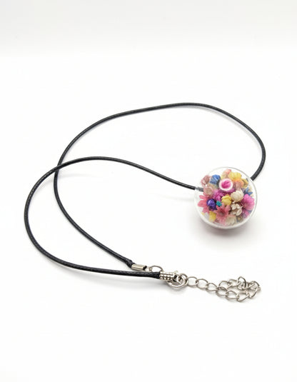 Floral Globe Pendant Necklace On Black Cord