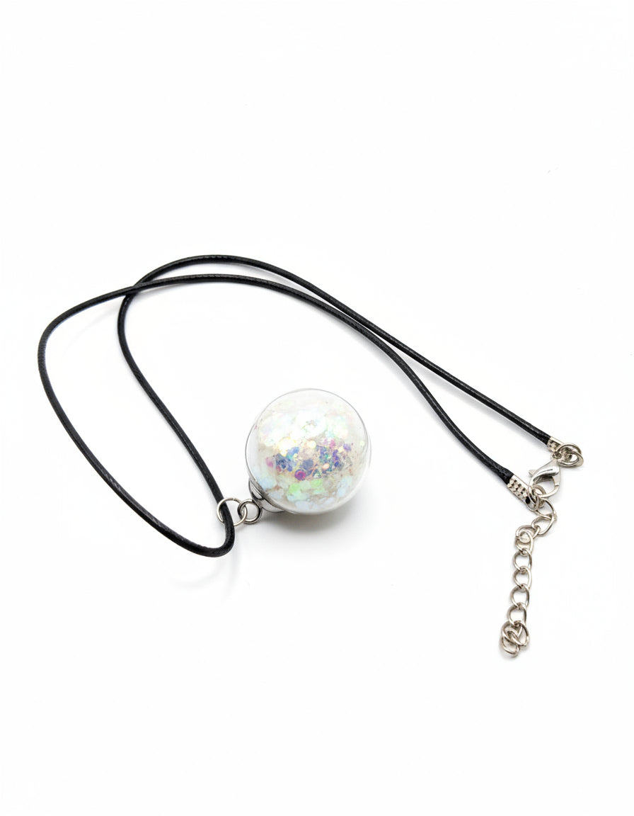 Glow In The Dark 30mm White Glitter Globe Necklace on Black Cord