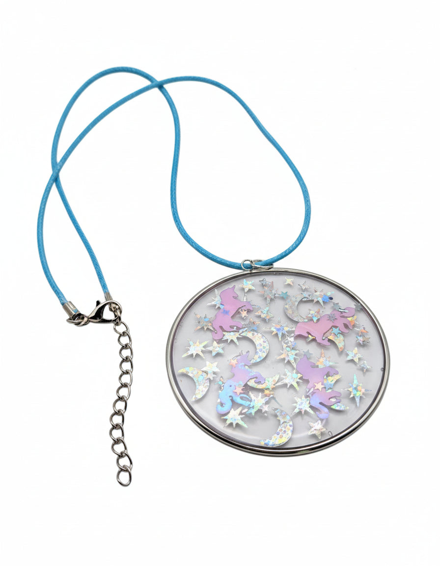 Iridescent Unicorns With Silver Stars Pendant on Blue Nylon Cord