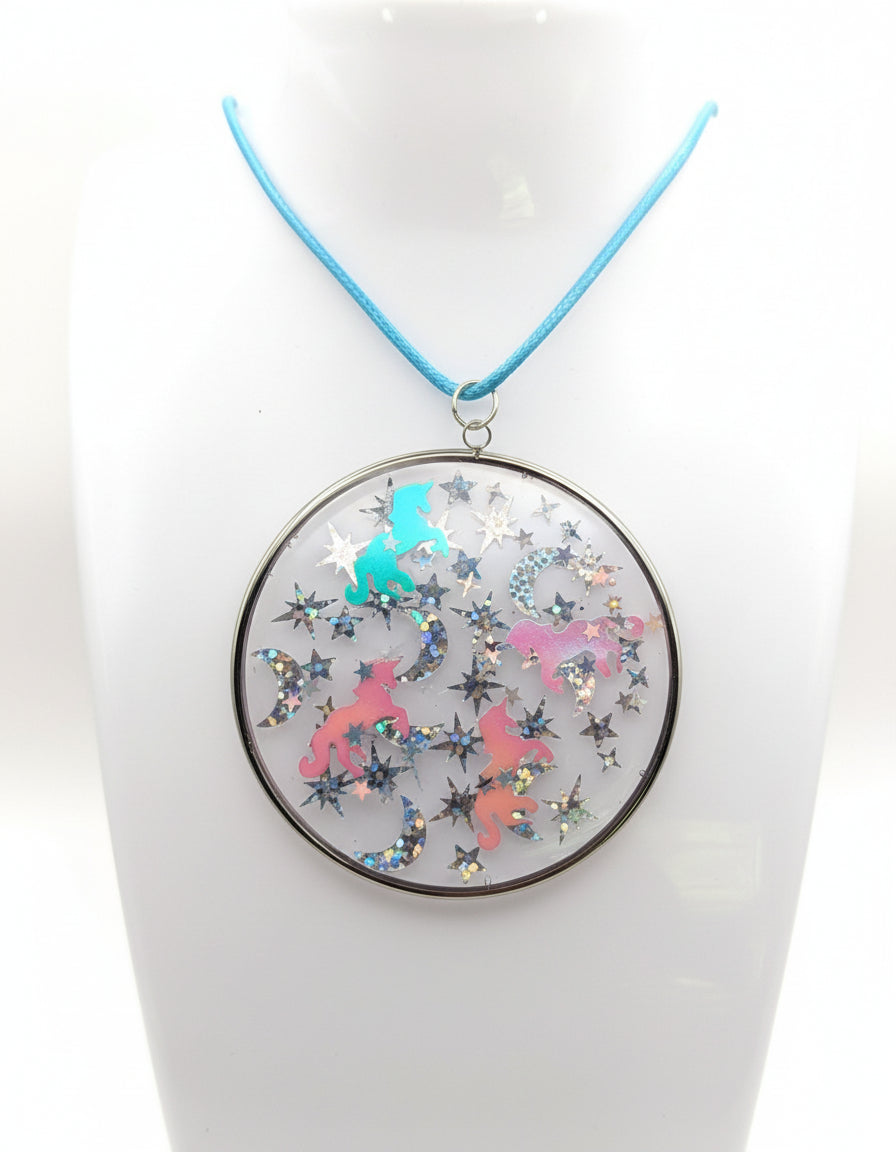 Iridescent Unicorns With Silver Stars Pendant on Blue Nylon Cord