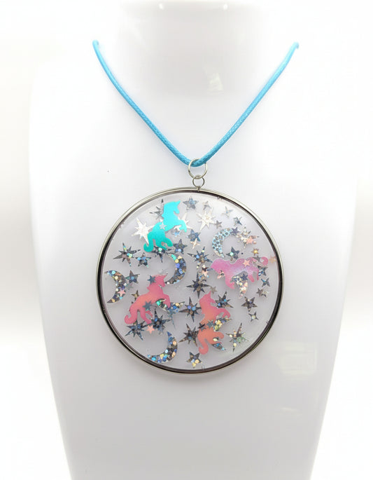 Iridescent Unicorns With Silver Stars Pendant on Blue Nylon Cord