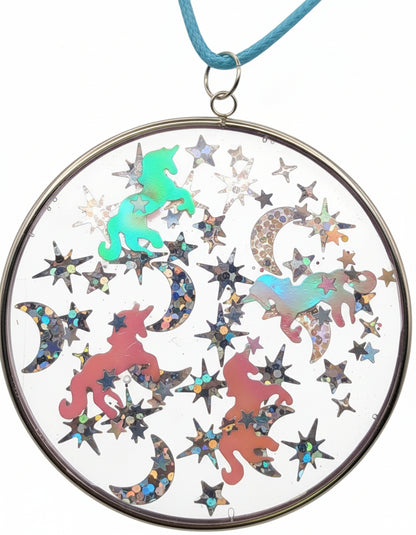 Iridescent Unicorns With Silver Stars Pendant on Blue Nylon Cord