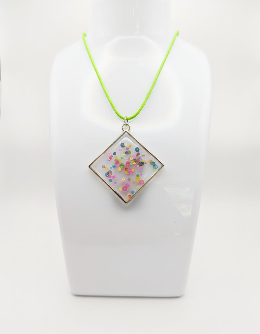 Neon Bubbles Abstract Resin Pendant on Green Nylon Cord