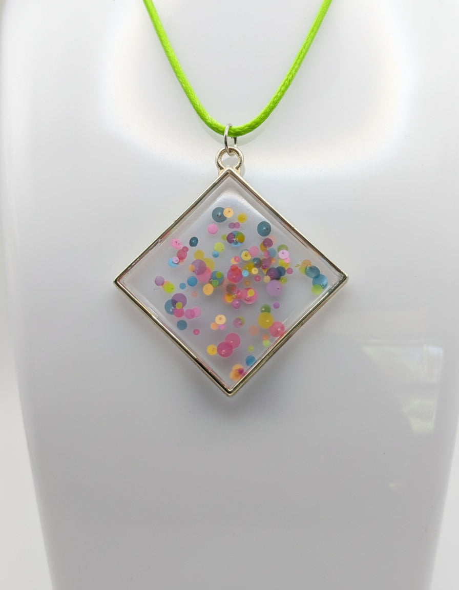 Neon Bubbles Abstract Resin Pendant on Green Nylon Cord