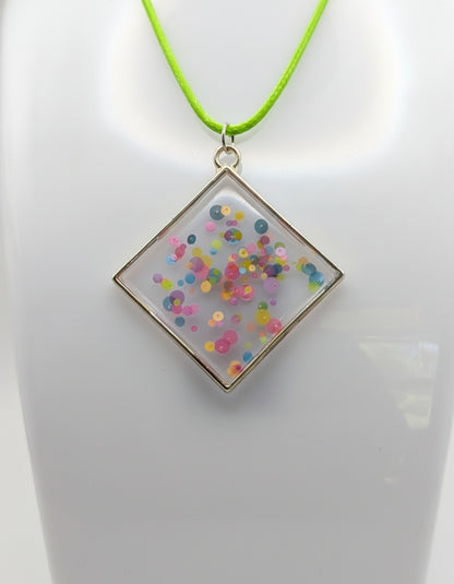 Neon Bubbles Abstract Resin Pendant on Green Nylon Cord