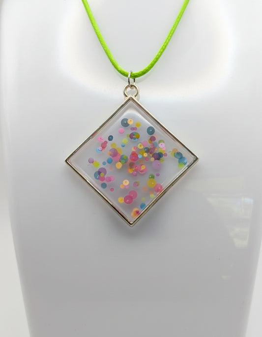 Neon Bubbles Abstract Resin Pendant on Green Nylon Cord