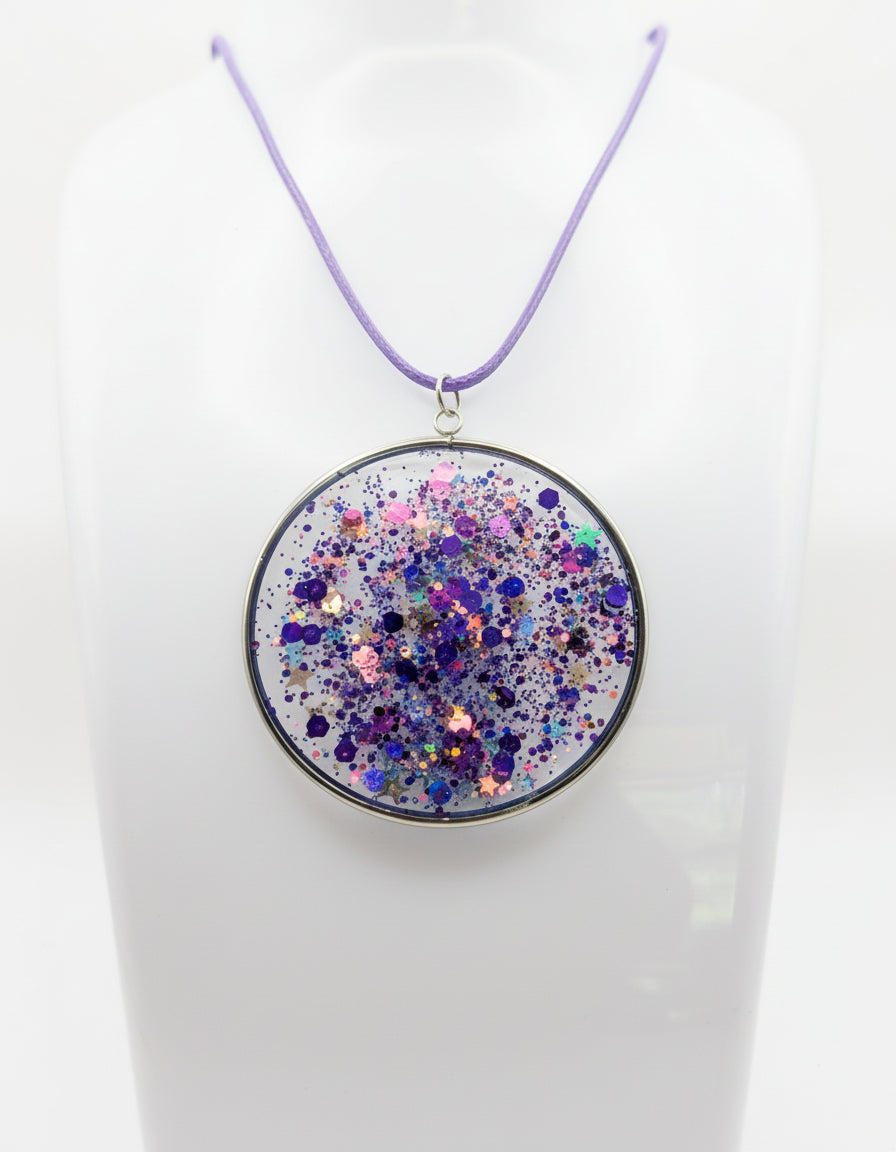 Multidimensional Purple Glitter Resin Pendant on Purple Nylon Cord
